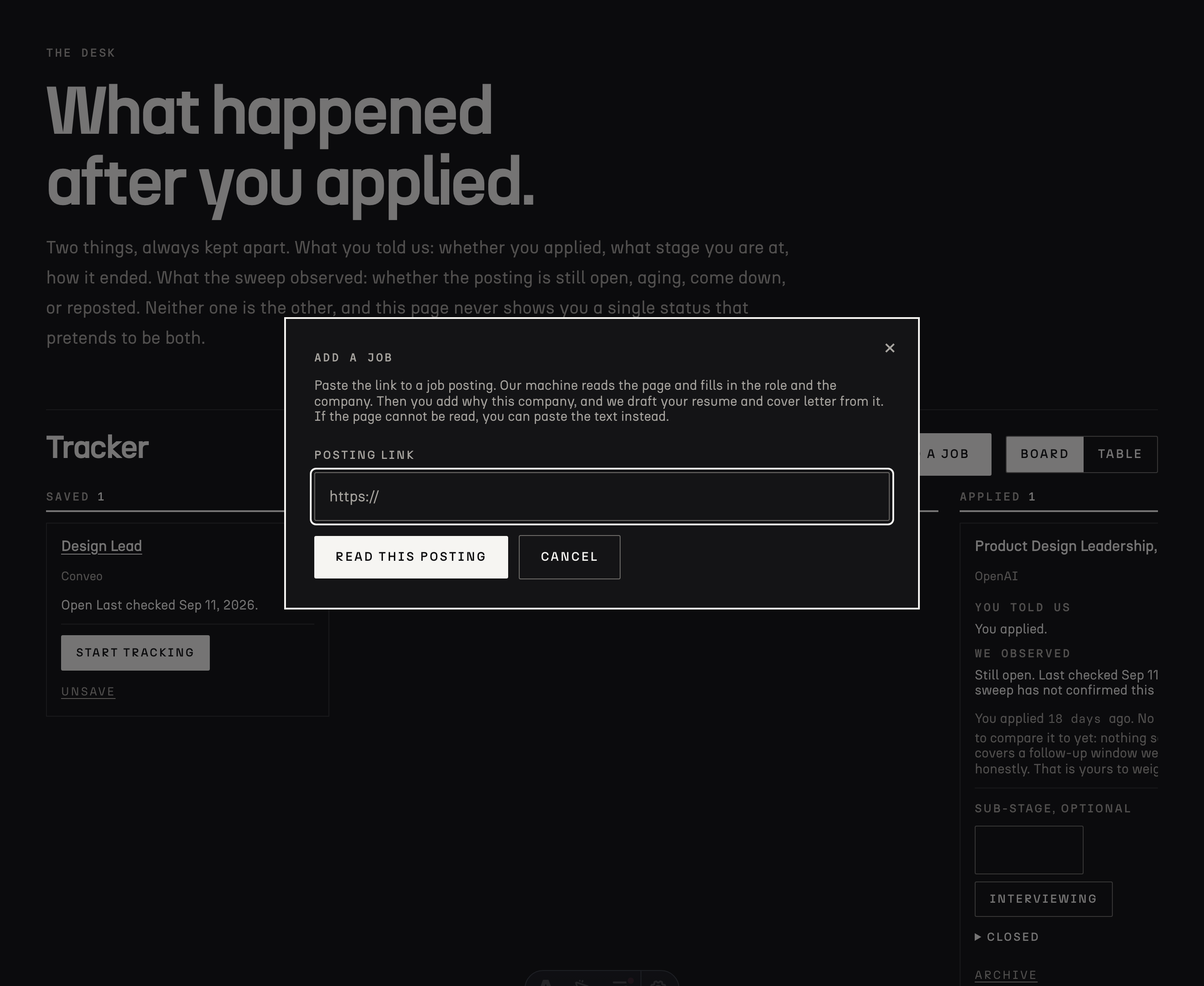 The Add a job panel on The Desk: paste the link to any posting and the machine reads it.