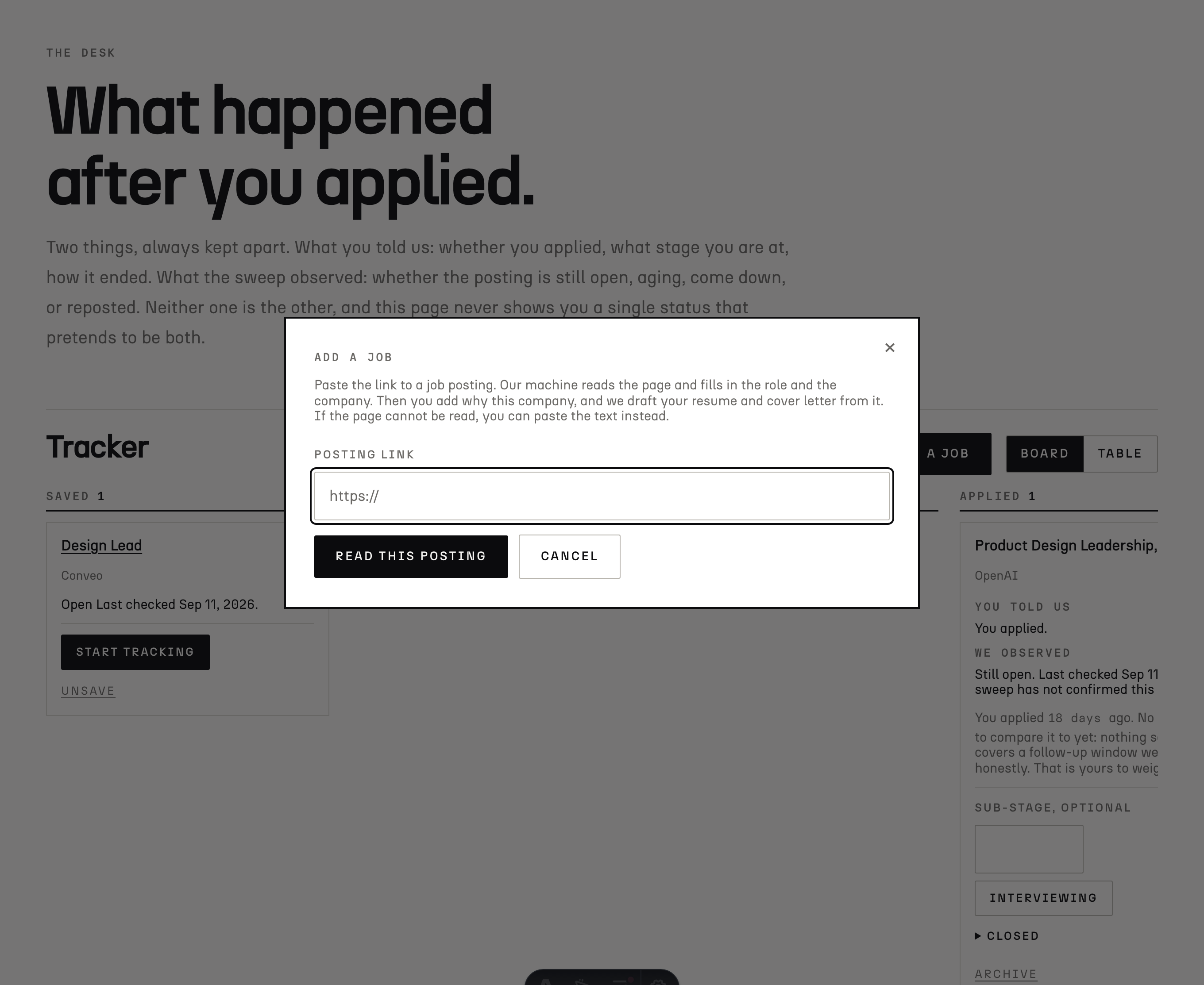 The Add a job panel on The Desk: paste the link to any posting and the machine reads it.