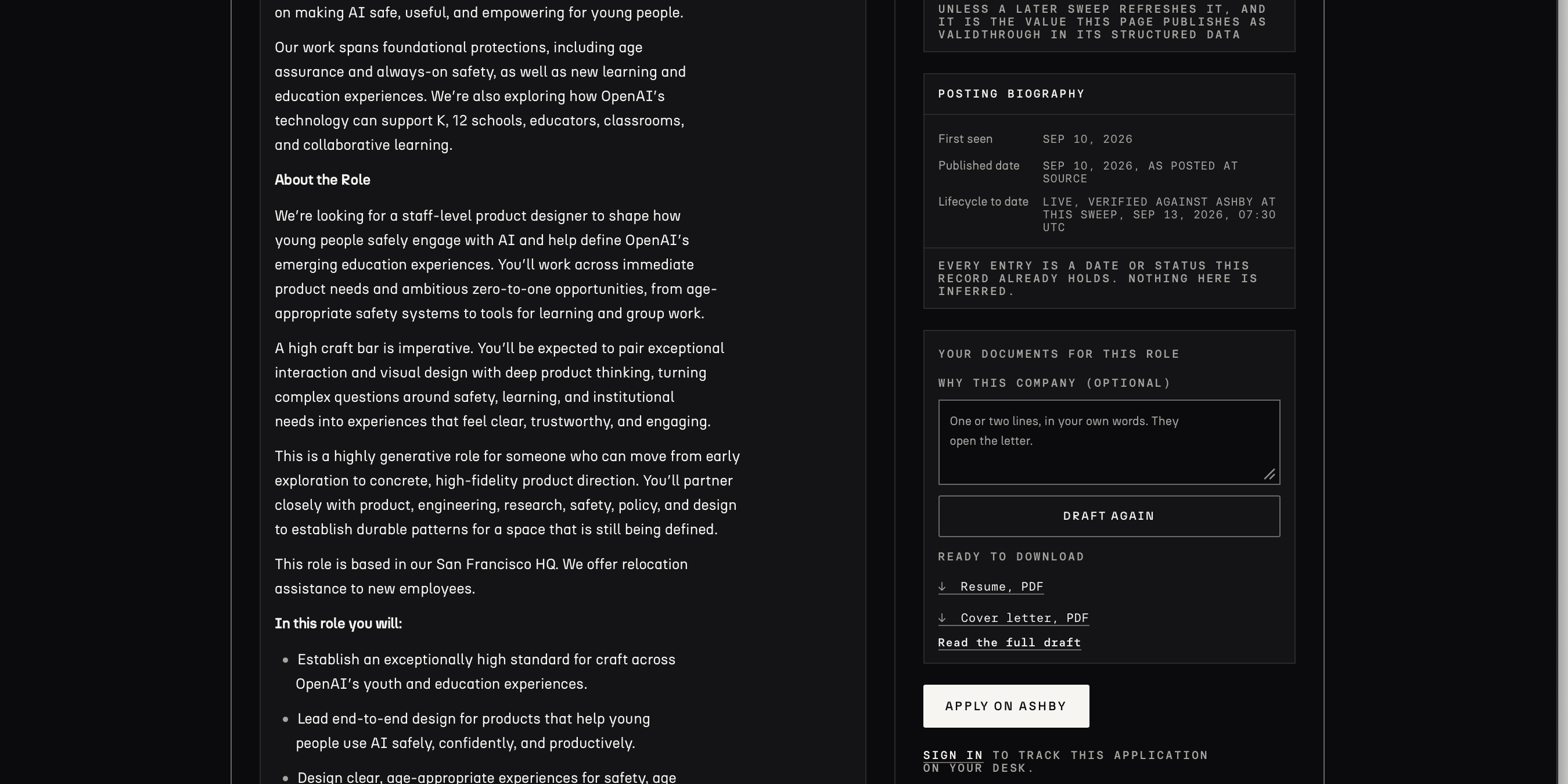 A role page on The Index with the tailored resume and cover letter ready to download, drafted on your key.